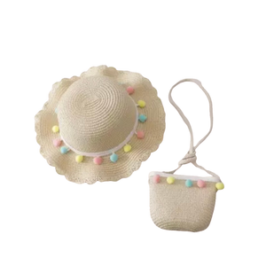 Kids Cream Straw Hat And Bag Set