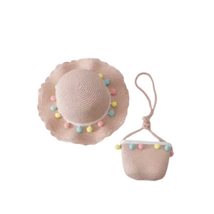 Kids Pink Straw Hat And Bag Set